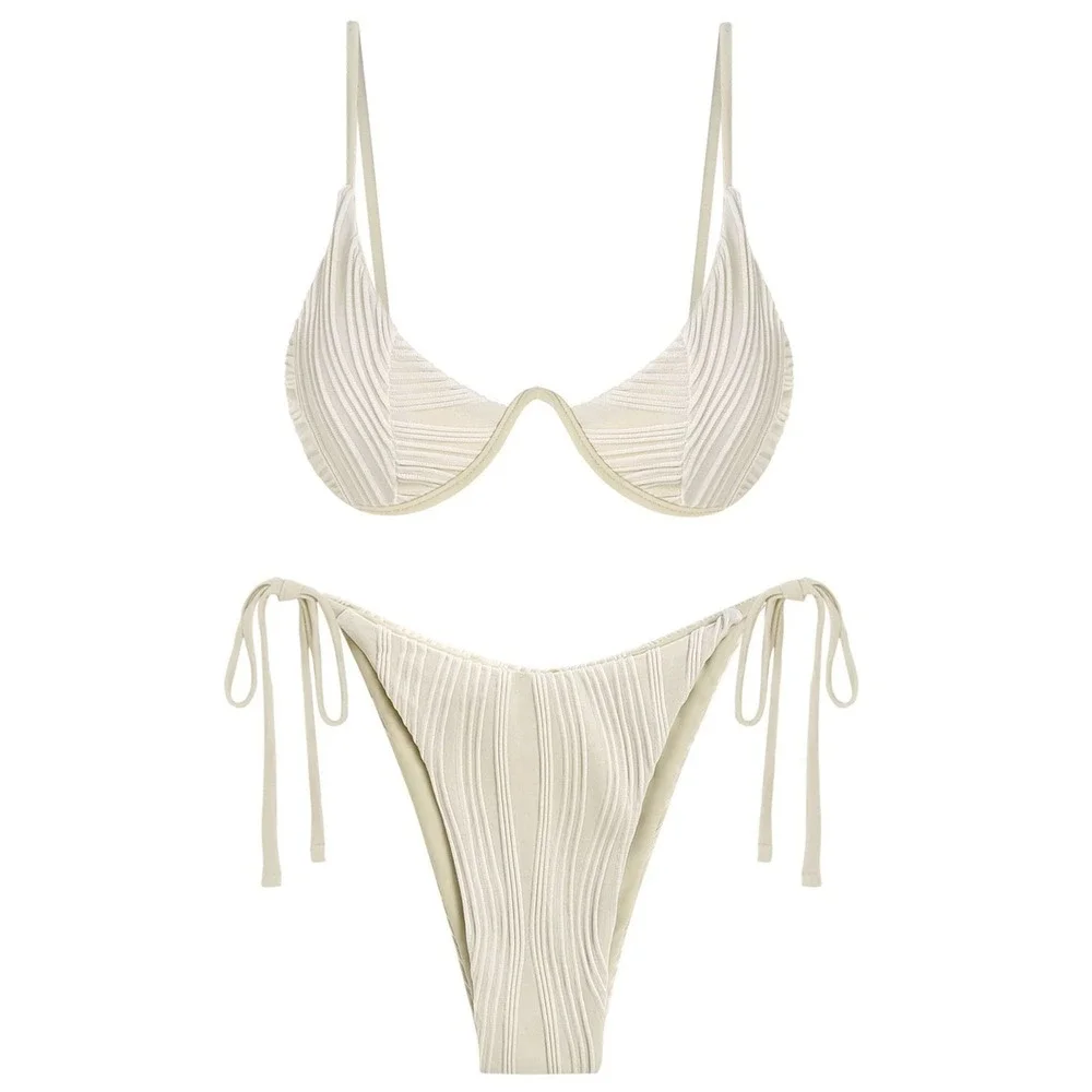 NWT‎ ZAFUL Ribbed Underwire Bikini Set Cream Side Tie Thong Medium
